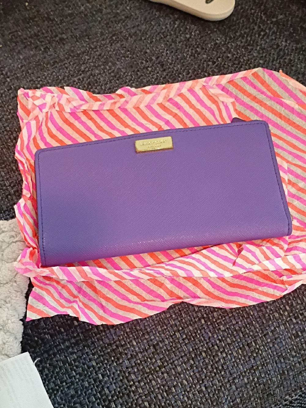 kate spade purple saffiano zip-around wallet with gold plaque